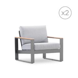 Pack 2 fauteuils jardin aluminium anthracite et accoudoirs effet bois