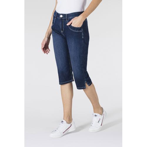 Caprijeans MAC ""Capri"" Gr. 42, Länge 19, blau (dark blue used) Damen Jeans Eingelegte Zierfalten am Saum