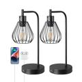 EDISHINE Bedside Lamps Set of 2, Dimmable LED Table Lamp, Teardrop Cage Lampshade, USB Charging Ports, Touch Lamps for Living Room, Bedroom, E27 Socket, Bulb Included, Black