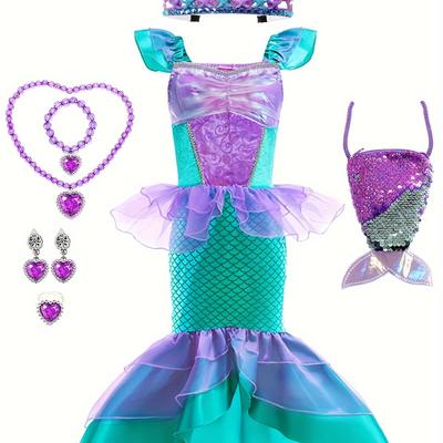 Toddler Girls Mermaid Princess Dress Costume Dress Up Halloween Party Performance Cosplay Outfit & Crown & Necklace Bracelet Ring & Sequins Bag Accessories Set