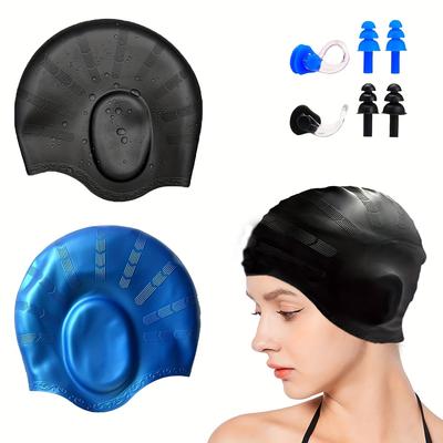 2pcs Waterproof Silicone Swimming Caps - Perfect For Adults Of All Ages!