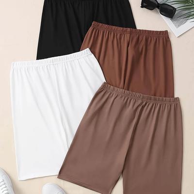 TEMU 4pcs Women's Casual Solid Color Biker Shorts, 95% Polyester 5% Elastane Knit Fabric, Fit