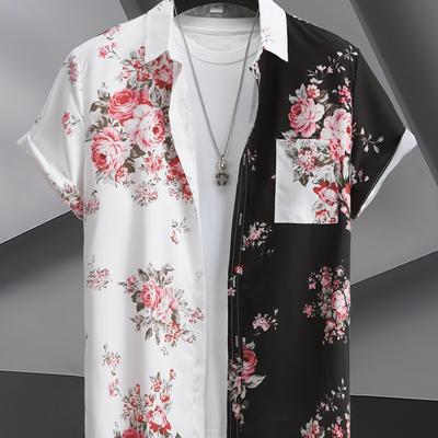 TEMU Vintage Style Floral Print Men's Color Block Short Sleeve Lapel Shirt With Chest Pocket For Summer Holiday Image