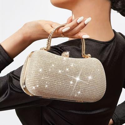 TEMU Women's Mini Glitter Evening Clutch Bag With Design, Shiny Rhinestone Accents, Waterproof, Detachable Shoulder Strap, Closure - Parties , Evening Bag Image