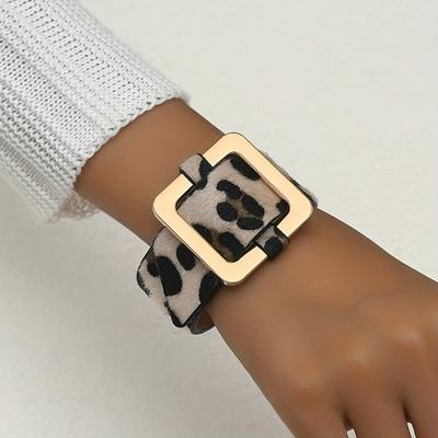 TEMU Geometric Fuzzy Pu Leather Cow Pattern Bangle Adjustable Size Unique Jewelry Hand Decoration Gift Image