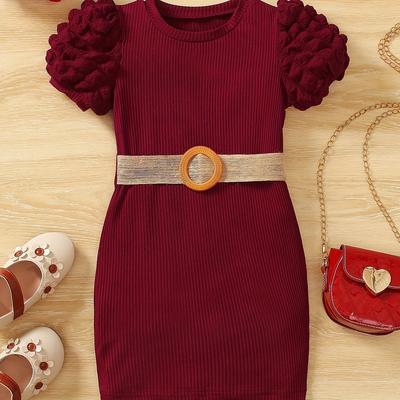 TEMU Toddler Girls Puff Sleeve Ribbed Knit Belted Dress For Party Kids Summer Clothes