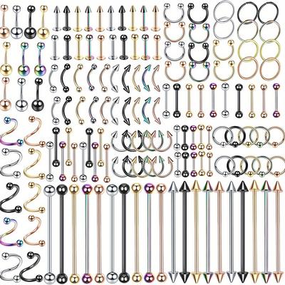 150pcs Simple Men's Stainless Steel Body Piercing Jewelry, Nose Lip Tongue Ring, Cartilage Tragus Helix Earrings