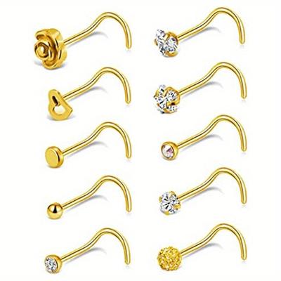 10pcs Stainless Steel Nose Stud Ring Inlaid Shiny Zircon Personality Nose Piercing Jewelry Set