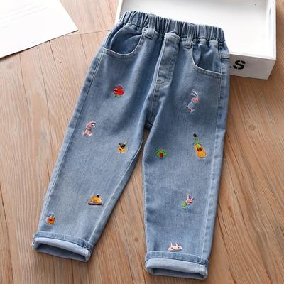 TEMU Girls Cartoon Embroidered Jeans Cute Kids Casual Denim Pants For Spring And Autumn