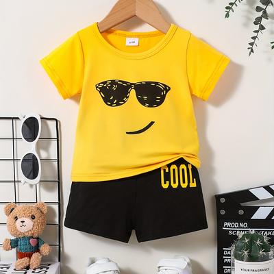 "2pcs Baby Girls Boys Cartoon Sunglasses Print Summer Set, T-shirt & ""cool"" Print Shorts, Baby Boy's Clothing, As Gift"