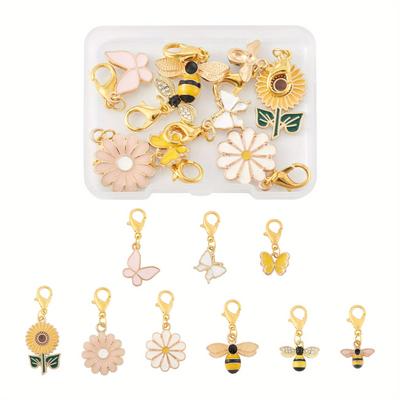 9pcs/box 9 Style Alloy Enamel Pendant Dangle Charms, Zinc Alloy Lobster Clasp Charms For Keychain, Purse, Backpack Ornament, Stitch Marker, Bees & Flower & Butterfly Charms, 25~44mm, 1pc/style