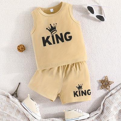 "2pcs Baby Boy's ""king"" & Crown Print Summer Set, Tank Top & Shorts, Baby Boy's Clothing, As Gift"