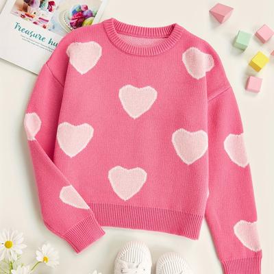 TEMU Cute Hearts Pattern Girls Pullover Knitted Sweater, Comfy Warm Casual Round Neck Jumper Tops, Valentine's Day Gift Idea