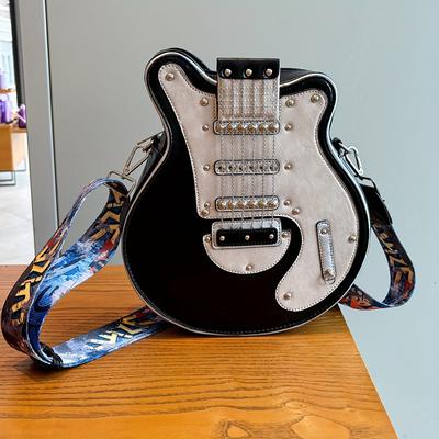 TEMU Vintage-inspired Guitar-shaped Crossbody Bag With Adjustable Strap, Rivet Embellishments – Trendy Y2k Style, Black, Yellow, White, Blue, Red Options For Music Lovers, Guitar Bag Image