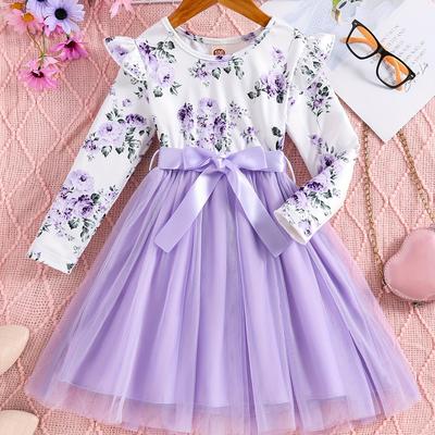 TEMU Girls Splicing Flora Print Flutter Trim Tutu Dress Kids Clothes Spring Fall Gift