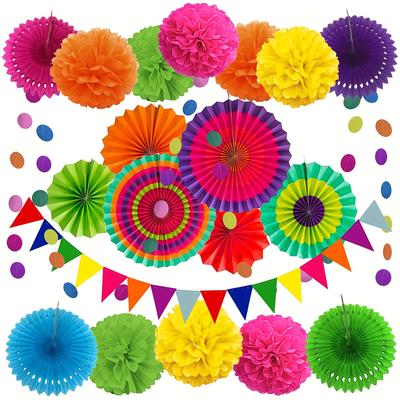 TEMU 21pcs Fiesta Paper Fan & Tissue Paper Pom Set, Birthday, Wedding, Fiesta, Party Decorations Easter Gift