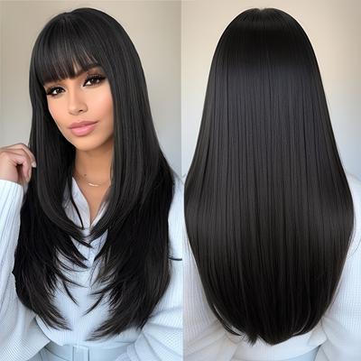 Long Black Wig With Bangs Straight Wigs For Women ...