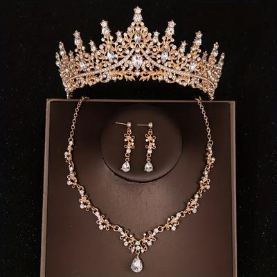 Wedding Alloy Accessories Set Rhinestone Crown Necklace And Earring Bridal Jewelry Set Birthday Gifts