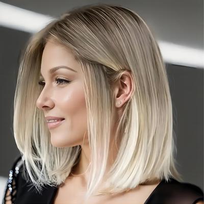 Short Straight Bob Wigs Brown To White Ombre Wig S...