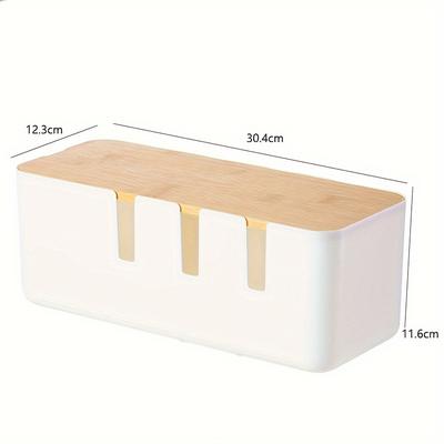 TEMU 1pc Cable Management Box, 12x5x4.5 Inches, Wood Lid, Cord Organizer For Desk Tv Computer Usb System To Cover And Hide & Power Strips & Cords