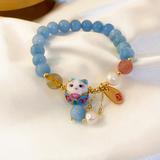 1pc Chinese Style Beaded Bracelet With Lucky Cat Shape Beads & Blue Faux Crystal Beads Elegant Handmade Hand String