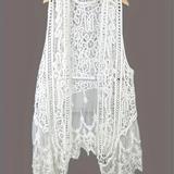 Hollow Out Lace Splicing Cardigan, Versatile Sleeveless Beach Wear Cardigan For Spring & Summer, Women's Clothing