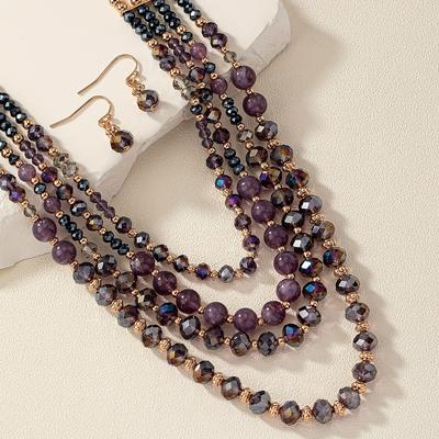 TEMU 1set Luxury Elegant Style Purple Series Beaded Necklace Multilayer Necklace Set Stacking Jewelry For Women