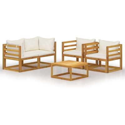 5-tlg. Garten-Lounge-Set mit Auflagen Creme Massivholz Akazie Vidaxl Image