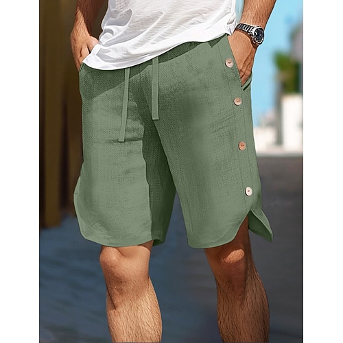 Herren Shorts Leinenshorts Sommershorts Knöpfe Fronttasche Gerader Schnitt Einfach Komfort Atmungsaktiv Knielang Outdoor Urlaub Party Mode Basic Schwarz Weiß Image