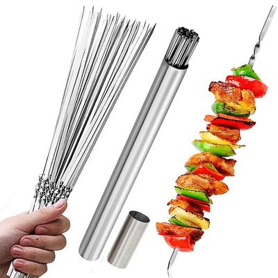 Set of 15 pcs Skewers 1 Tube Storage Stainless Steel Kabob Skewers Heavy Duty Grilling Skewers Barbecue Skewers Resuable BBQ Sticks for Shish Meat Shrimp Chicken Flat Skewers