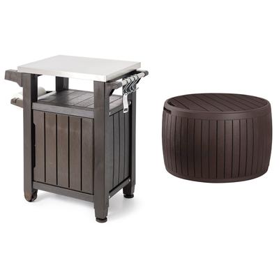 Keter Unity 40 Gal Grilling Bar Cart with Circa 37 Gal Round Deck Box, Brown - 15.5