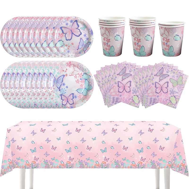 Schmetterling Party Geschirr Set Schmetterling Muster Pappteller Serviette Tasse Einweg Tischdecke für Babyparty Geburtstagszubehör Image