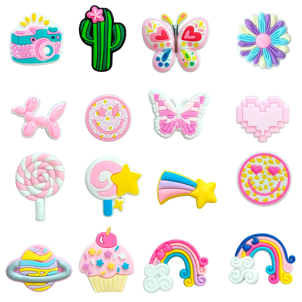 16 pezzi/set nuovi ciondoli per scarpe fresche rosa accessori per fibbia per scarpe fai da te decorazioni per scarpe in PVC regali per bambini per ragazze di Natale