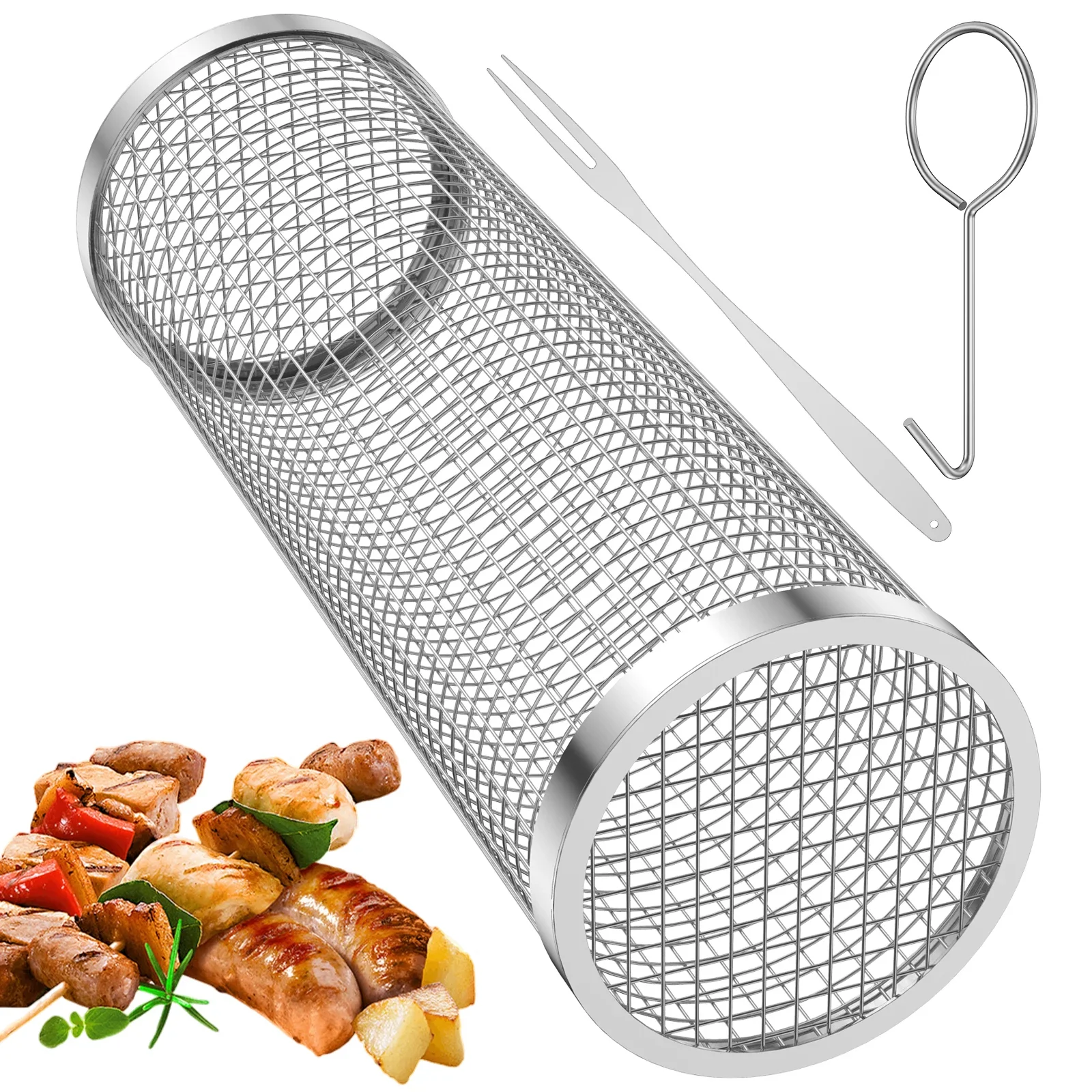 Grill korb Edelstahl rollender Grill korb Draht geflecht Zylinder Grill korb tragbare runde Outdoor-Camping-Grill korb