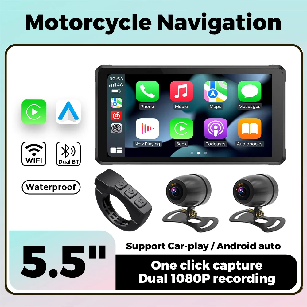 MEKEDE 5,5 Zoll Motorrad GPS Navigation Wasserdichter IPS-Bildschirm Carplay Android Auto Monitor Dash Cam Dual Lens Recorder Image
