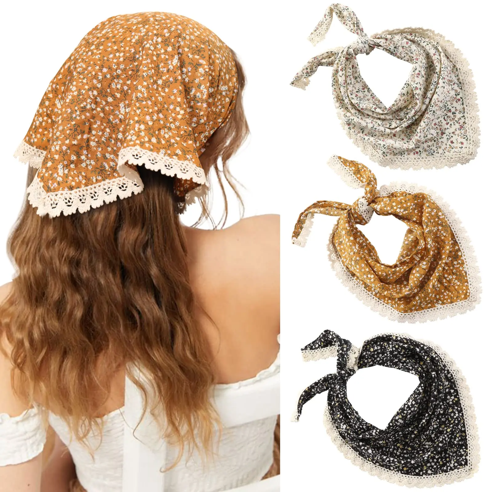 Awaytr Blume Dreieck Bandana niedlichen Turban bedruckten Stoff Spitze Haar Schal Haarschmuck Böhmen Dreieck Schal Mädchen Image