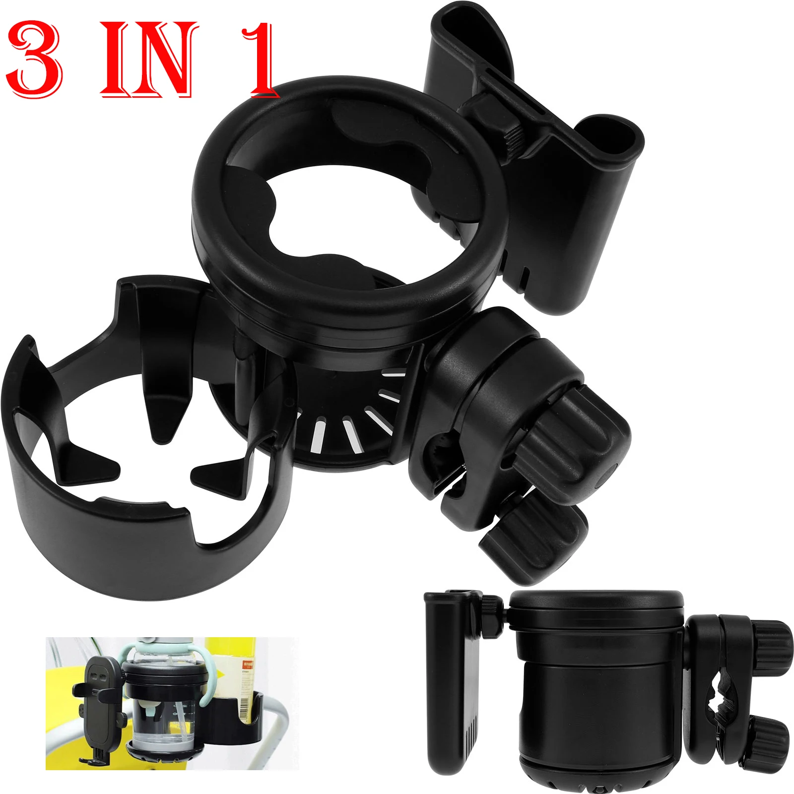 3-in-1 Getränkehalter für Kinderwagen, verstellbar, 360° verstellbar ° Rotation Telefon Getränk Milchflaschenhalter für Universal Kinderwagen Rollstuhl Zubehör Image