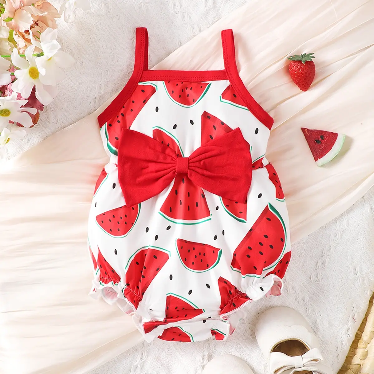 0-2-jährige Neugeborene Sommer ärmellose Schlinge Bogen rote Wassermelone drucken niedlichen einteiligen Dreieck Geschirre Image