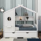 Red Barrel Studio® Keyanna Wooden House Bed w/ Trundle & Storage Shelf Wood in White | 72 H x 42.7 W x 78 D in | Wayfair