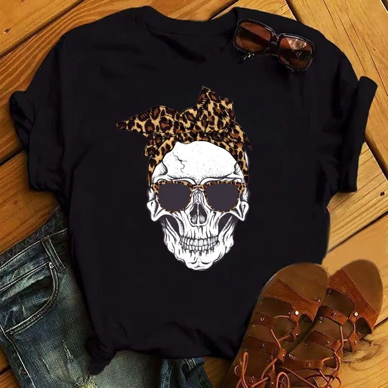 Mode Leopard Schädel Gedruckt Frauen T-shirt Sommer Lose Plus Größe Schwarz Weibliche T-shirt Casual Rundhals Harajuku Tops Kleidung