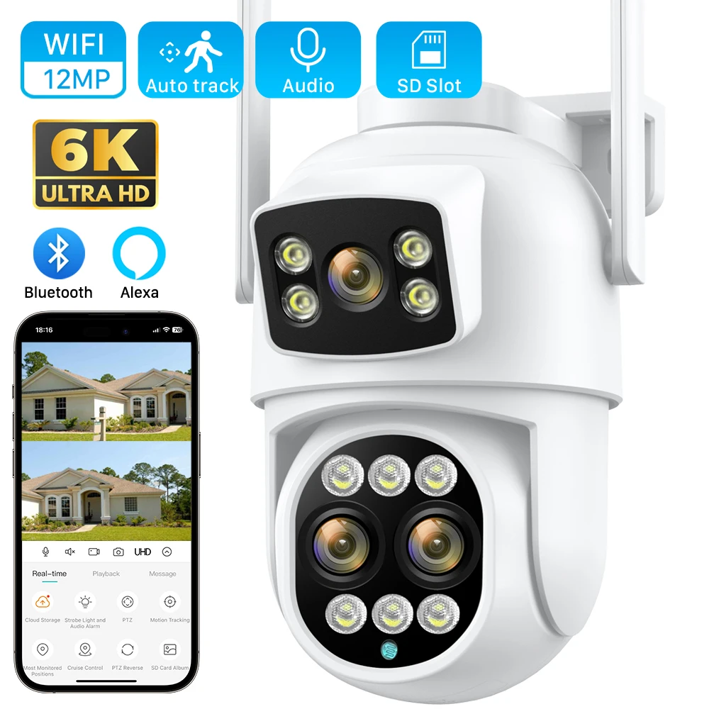 6K 12MP Sicherheitskamera 8X Zoom Drei Objektiv Dual Screen Outdoor WiFi Home Schutz IP Cam PTZ CCTV Video Überwachung Icsee Image