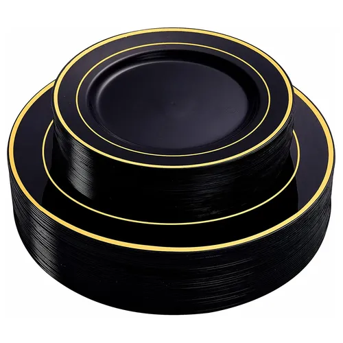 Schwarze Plastik teller mit goldenem Rand Einweg-Hartplastik-Teller Dessert-/Salat teller
