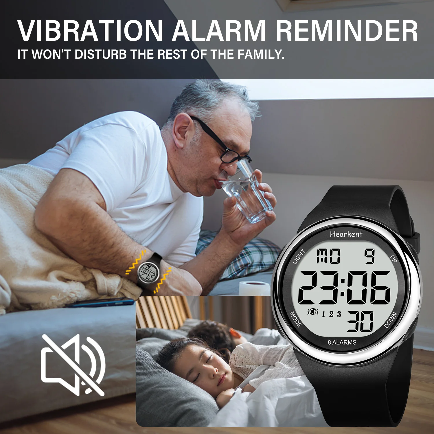 Hearkent Unisex 8-Vibrationsalarm-Uhr, Medikamente, Pillenuhr, Erinnerung, große Zahlenuhr, wasserdicht, für gehörlose digitale Armbanduhr Image