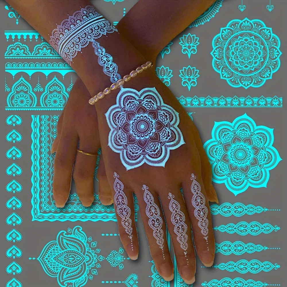 Blauer leuchtender Henna-Tattoo-Aufkleber für Mädchen, Tribal, weiße Spitze, Lotus-Tattoos, Mandala-Blume, gefälschter Schmuck, Anhänger, temporäre Tätowierung Image