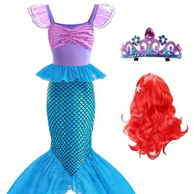 Sweet Girls Mermaid Princess Cosplay Dress Set For Halloween Birthday Gift Party Performance
