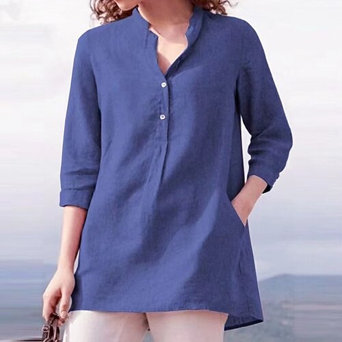 Damen Hemd Bluse Kunstbaumwollleinen Tasche Knöpfe Einfach Lässig Dreiviertelarm V Ausschnitt Normale Oberteile Täglich Weiß Rosa Königsblau Grau Frühling Sommer Image