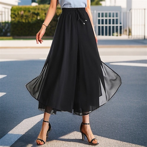 Damen Normal Weites Bein Schwingend Skort Elegant Alltagstauglich Knöchellang Hohe Taille Einfarbig Plissiert Patchwork Elastischer Bund Bequem Mikroelastisch Alltagskleidung Alltagstauglich Blau Image