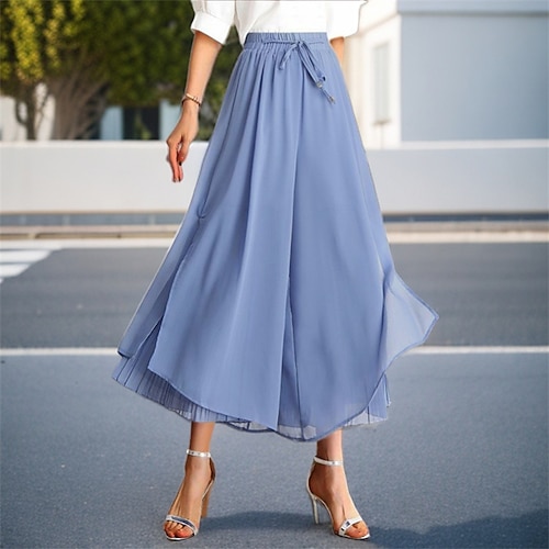 Damen Normal Weites Bein Schwingend Skort Elegant Alltagstauglich Knöchellang Hohe Taille Einfarbig Plissiert Patchwork Elastischer Bund Bequem Mikroelastisch Alltagskleidung Alltagstauglich Blau Image