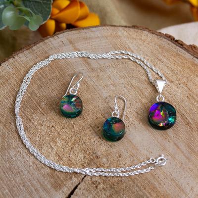 Viridian World,'Round Viridian Dichroic Art Glass Jewelry Set from Mexico'
