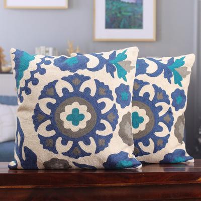 'Floral-Patterned Blue and Grey Cotton Cushion Cov...